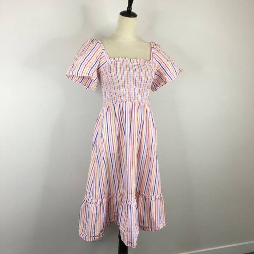 DRAPER JAMES White Multi-Color Striped Shirred/Smocked Short Sleeve Dress
